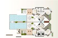 Floorplan shows 4-bed luxury residence (double of 2-bed residences but with internal wall and end part of pool wall removed in 4-bedroom configuration)