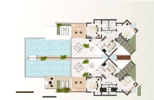 Floorplan shows 4-bed luxury residence (double of 2-bed residences but with internal wall and end part of pool wall removed in 4-bedroom configuration)